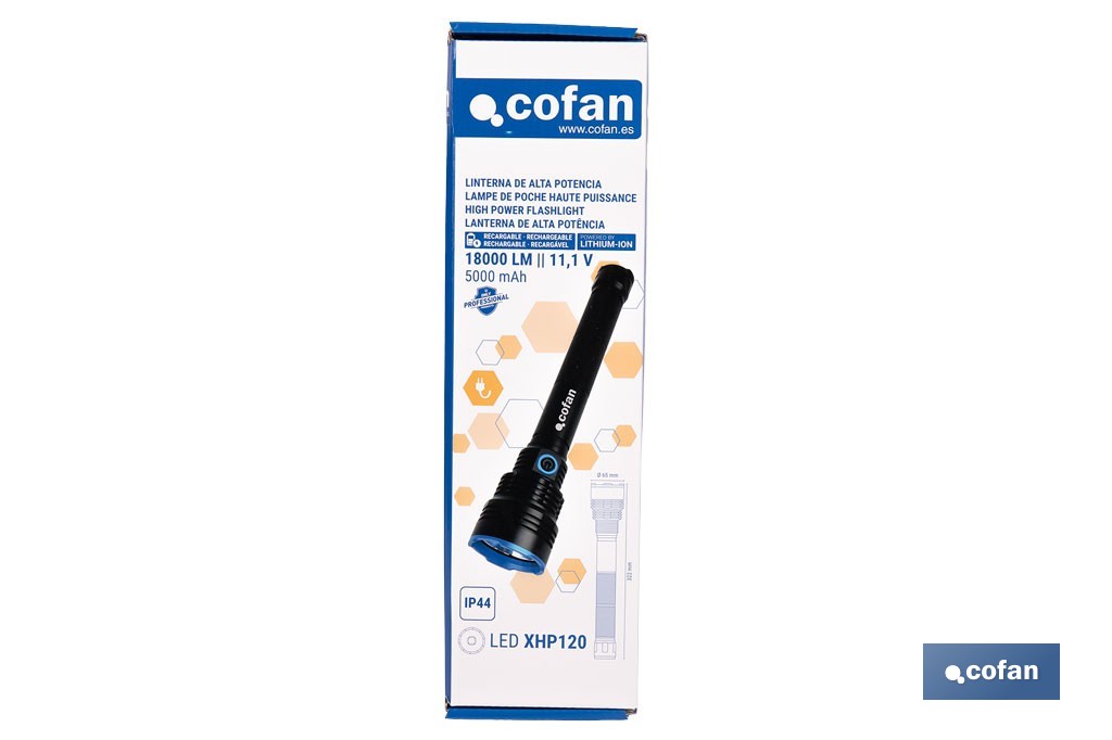 Linterna LED de alta potencia | Recargable con 6 modos de luz | Disponible en dos potencias: 18.000 lm y 10.000 lm - Cofan