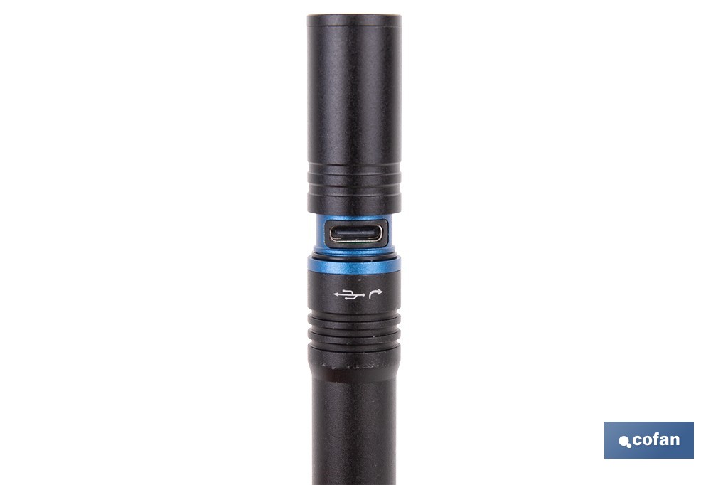 Linterna LED formato Bolígrafo Recargable de Aluminio | 3 funciones y enfoque ajustable | Cable USB-C incluido - Cofan
