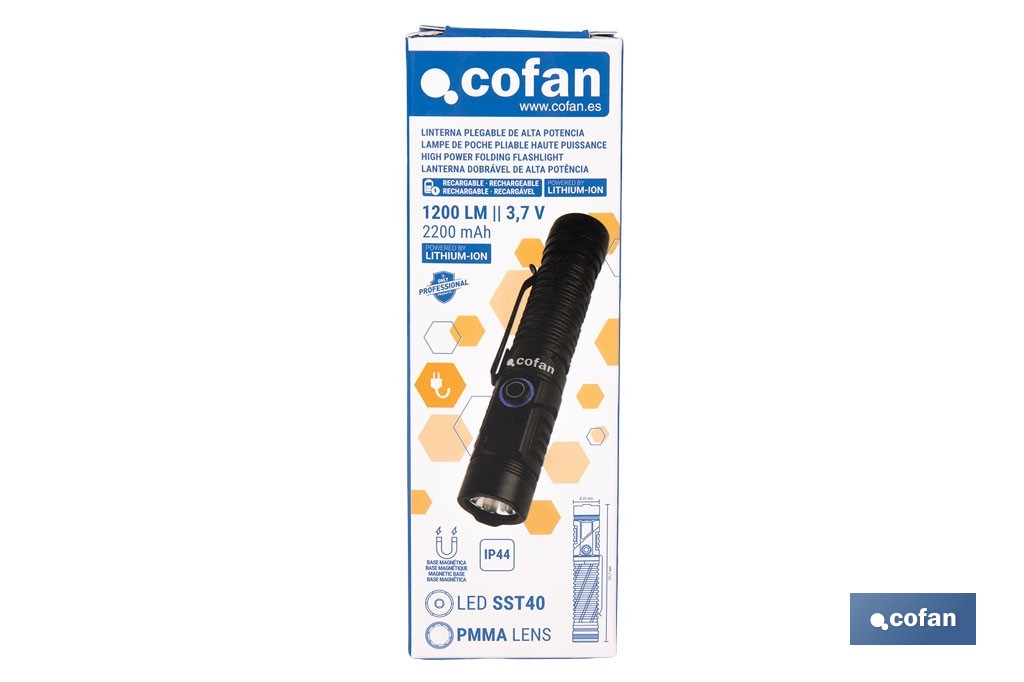 Linterna LED plegable y recargable con 5 modos de luz y con base magnética | 1200 lm, alcance de 100 m - Cofan