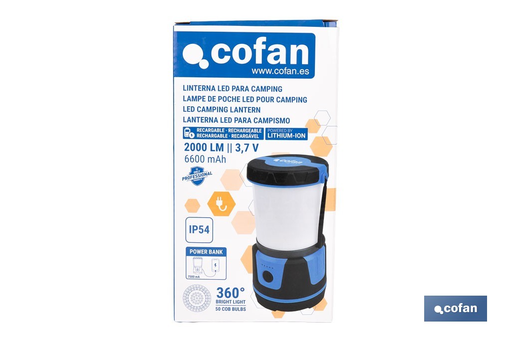 Linterna de camping COB LED 2000 lm recargable con 5 modos de luz | Iluminación regulable - Cofan