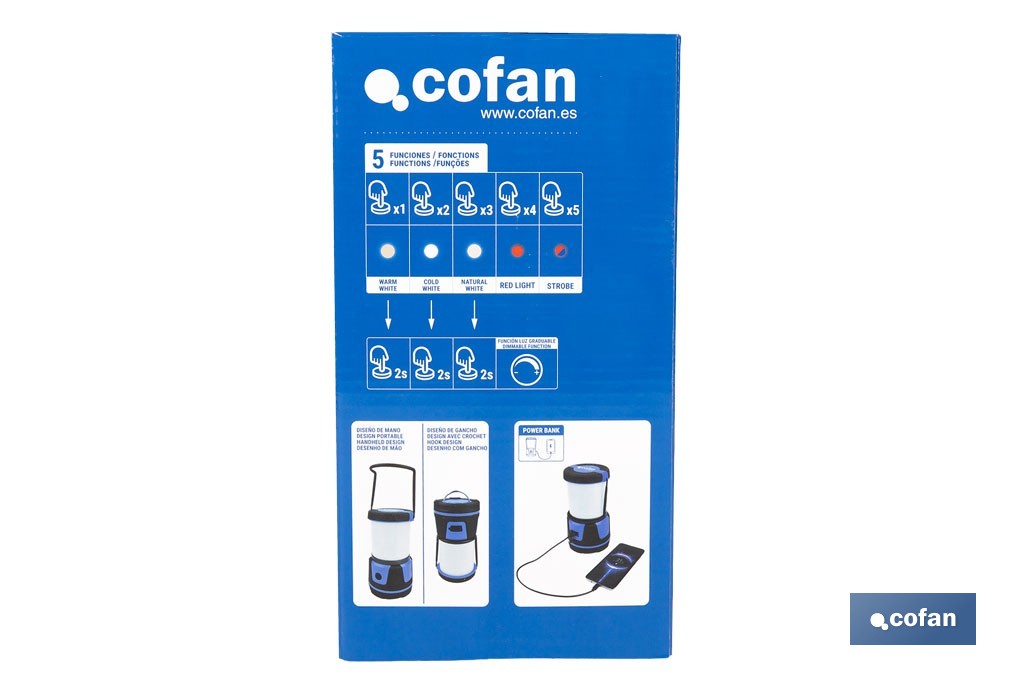 Linterna de camping COB LED 2000 lm recargable con 5 modos de luz | Iluminación regulable - Cofan