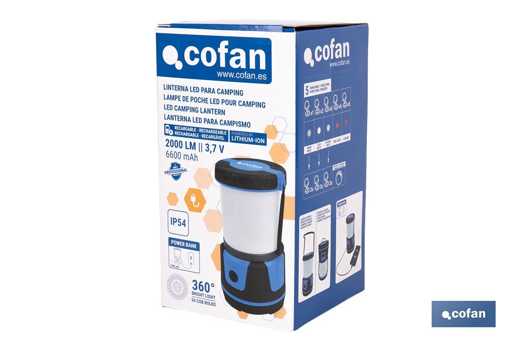 Linterna de camping COB LED 2000 lm recargable con 5 modos de luz | Iluminación regulable - Cofan