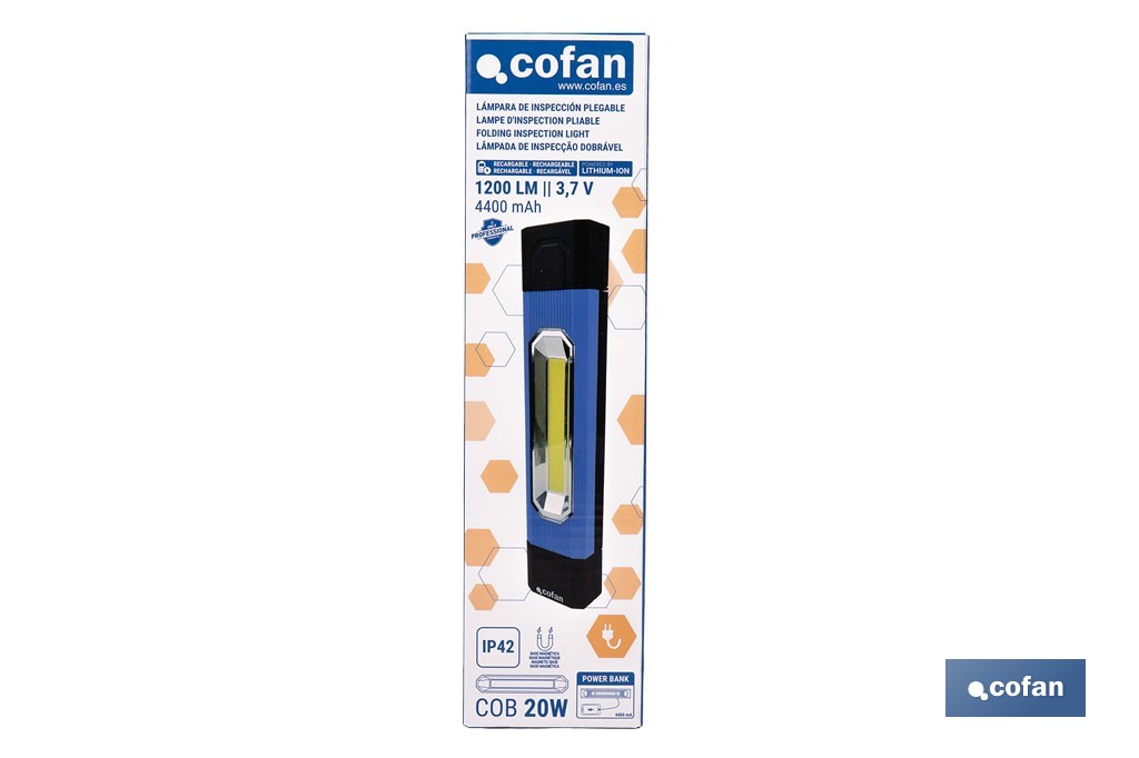Lámpara de inspección LED COB 1200 lm | Recargable con 3 modos de luz | Extremos magnéticos, giratorios y plegables - Cofan