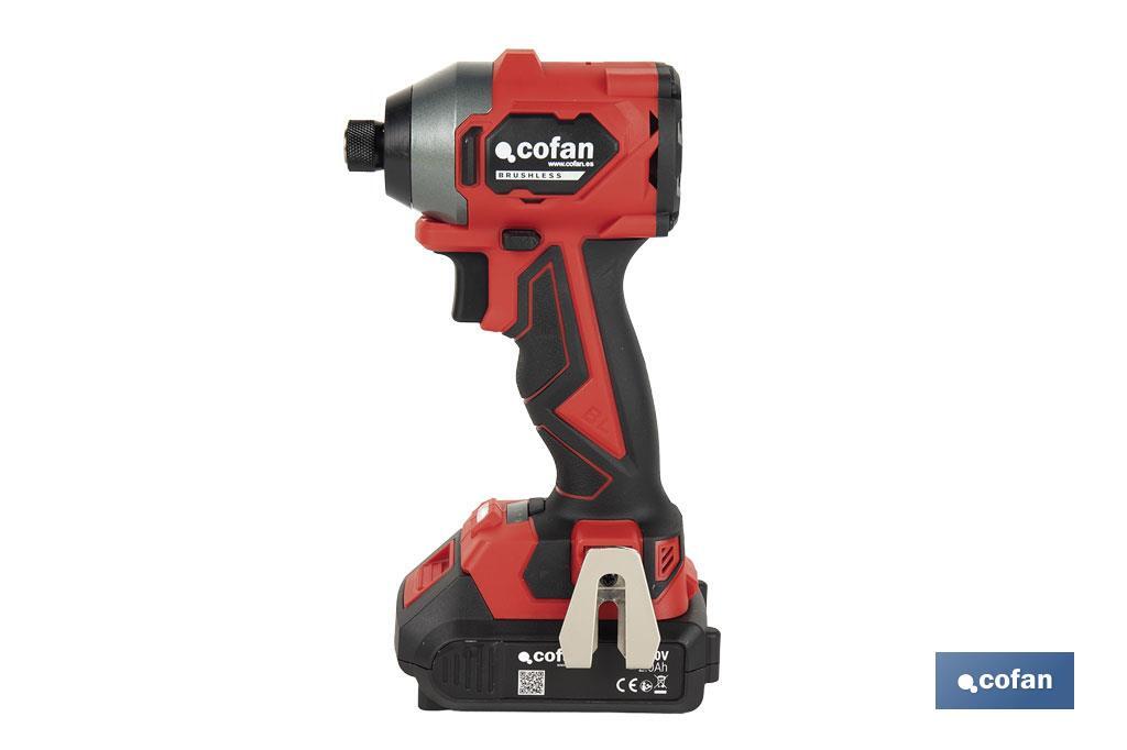 Atornillador percutor de impacto sin escobillas | Para puntas 1/4" Hex | Control de velocidad variable | Maletín, batería Li-ion de 20V y 2,0 Ah y cargador incluido - Cofan