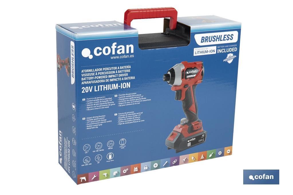 Atornillador percutor de impacto sin escobillas | Para puntas 1/4" Hex | Control de velocidad variable | Maletín, batería Li-ion de 20V y 2,0 Ah y cargador incluido - Cofan
