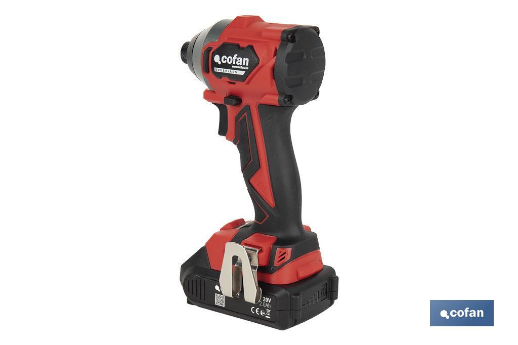 Atornillador percutor de impacto sin escobillas | Para puntas 1/4" Hex | Control de velocidad variable | Maletín, batería Li-ion de 20V y 2,0 Ah y cargador incluido - Cofan