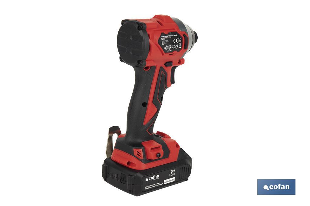 Atornillador percutor de impacto sin escobillas | Para puntas 1/4" Hex | Control de velocidad variable | Maletín, batería Li-ion de 20V y 2,0 Ah y cargador incluido - Cofan
