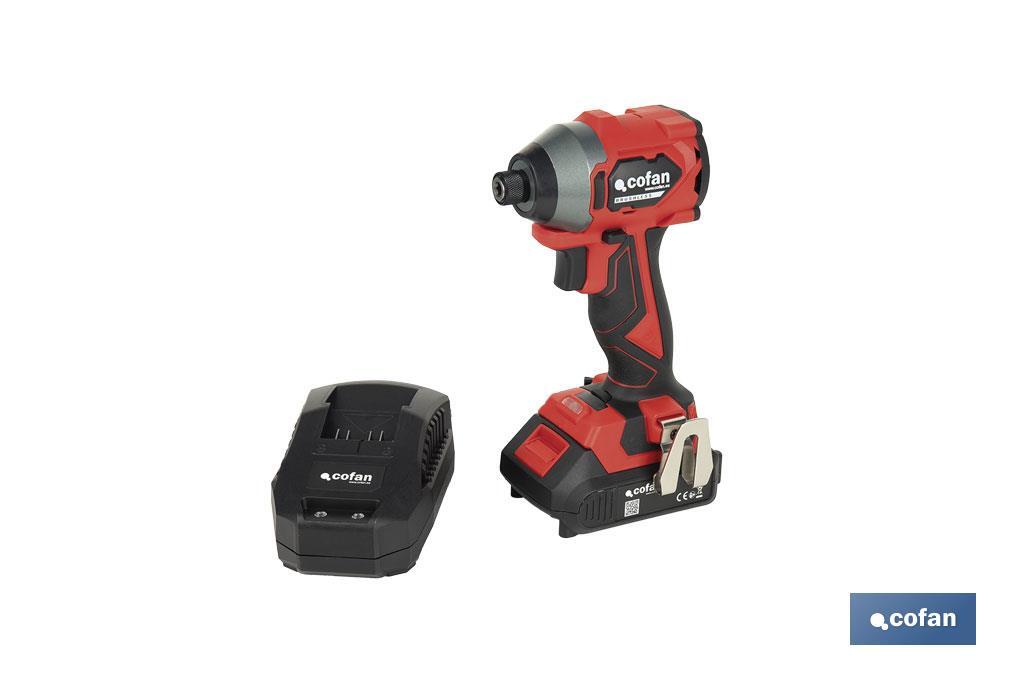 Atornillador percutor de impacto sin escobillas | Para puntas 1/4" Hex | Control de velocidad variable | Maletín, batería Li-ion de 20V y 2,0 Ah y cargador incluido - Cofan