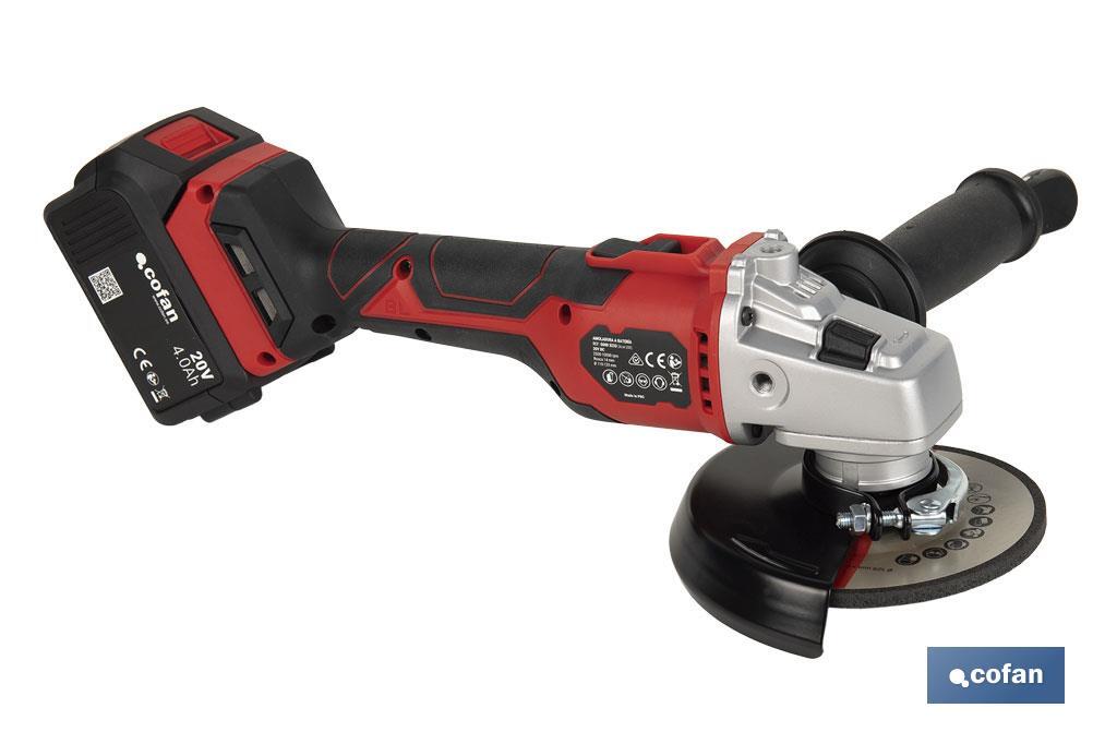 Amoladora a batería sin escobillas | Velocidad variable | Mango 3 posiciones | Incluye: batería de 20 V y 4.0 Ah, cargador y maletín con disco de corte, protector y mango auxiliar - Cofan