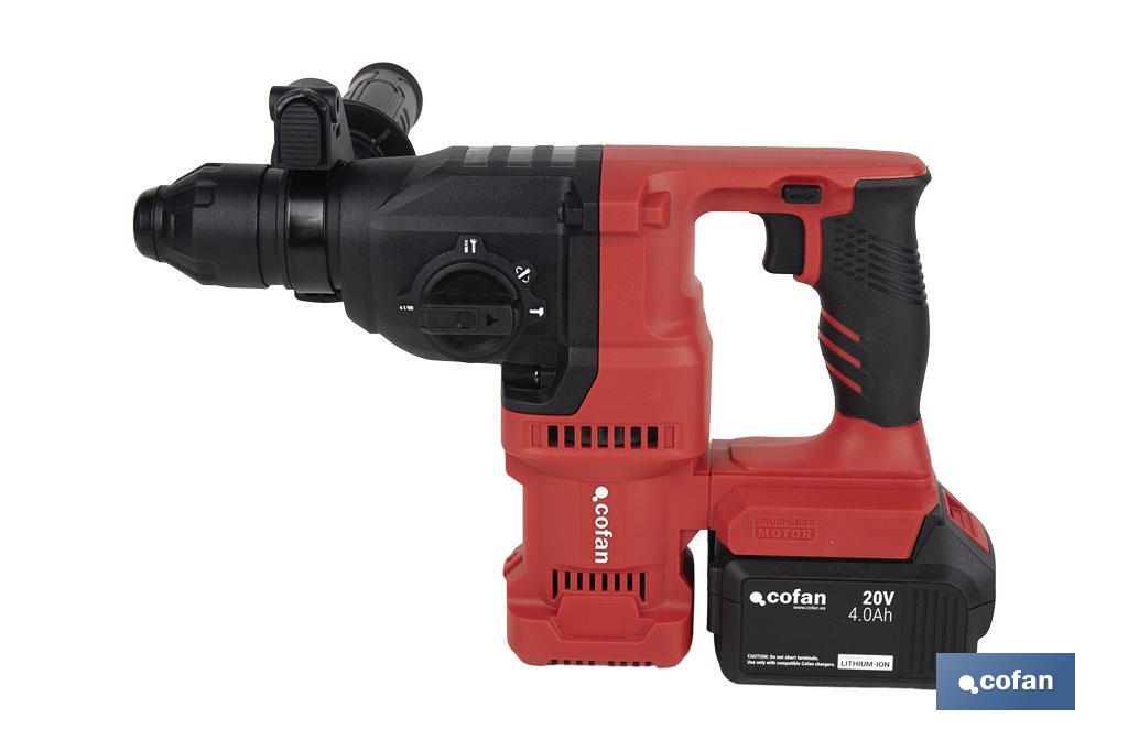 Martillo perforador SDS Plus sin escobillas multifunción | Taladra, percute y cincela | Incluye: maletín con accesorios, portabrocas automático con adaptador SDS PLUS, batería Li-Ion de 20 V y cargador - Cofan