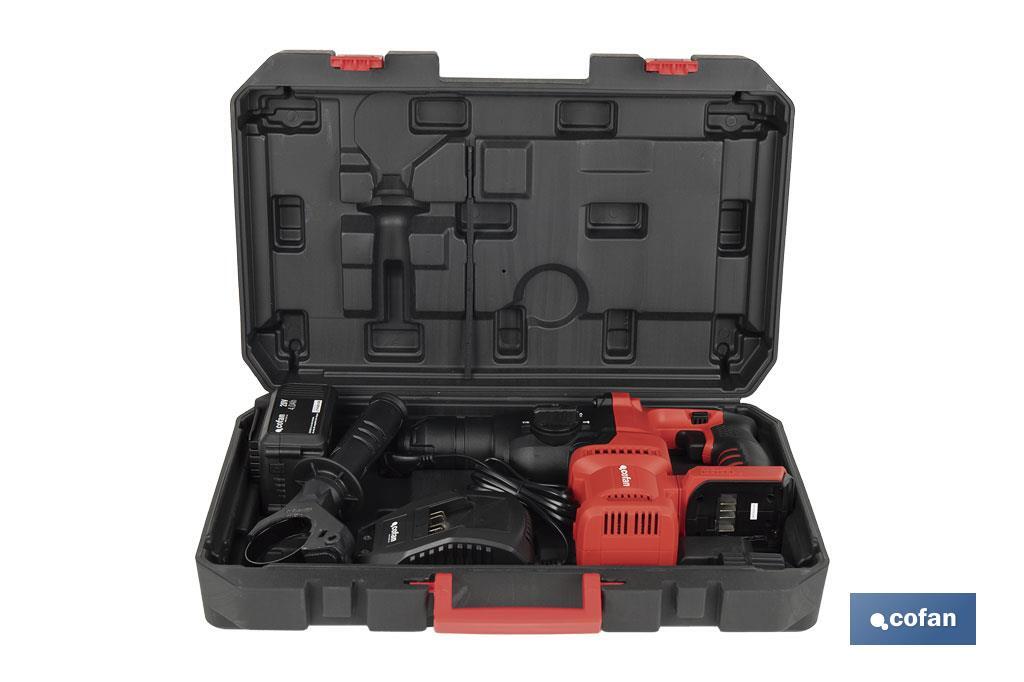 Martillo perforador SDS Plus sin escobillas multifunción | Taladra, percute y cincela | Incluye: maletín con accesorios, portabrocas automático con adaptador SDS PLUS, batería Li-Ion de 20 V y cargador - Cofan
