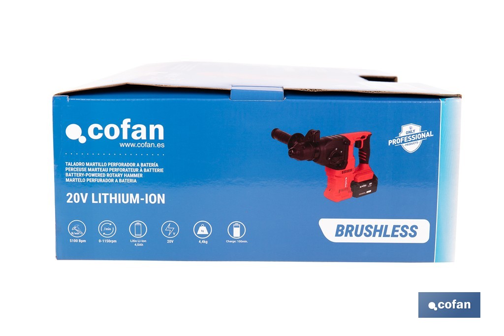 Martelo perfurador SDS Plus sem escovas multifunções | Perfura, martela e cinzela | Inclui: mala de transporte com acessórios, porta-brocas automático com adaptador SDS PLUS, bateria Li-Ion de 20 V e carregador - Cofan