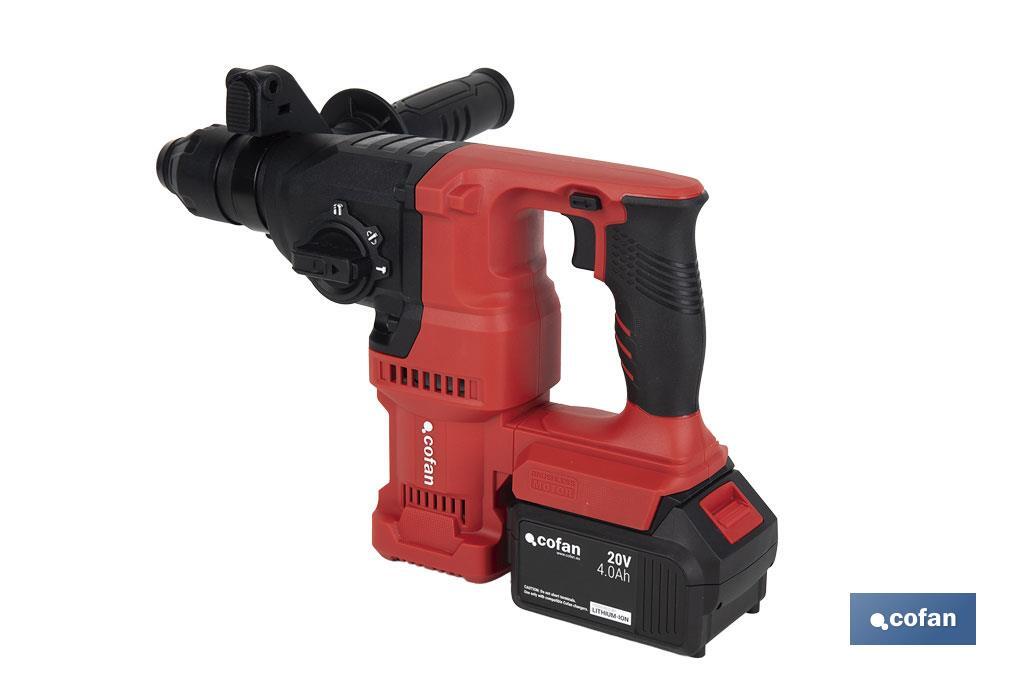 Martillo perforador SDS Plus sin escobillas multifunción | Taladra, percute y cincela | Incluye: maletín con accesorios, portabrocas automático con adaptador SDS PLUS, batería Li-Ion de 20 V y cargador - Cofan