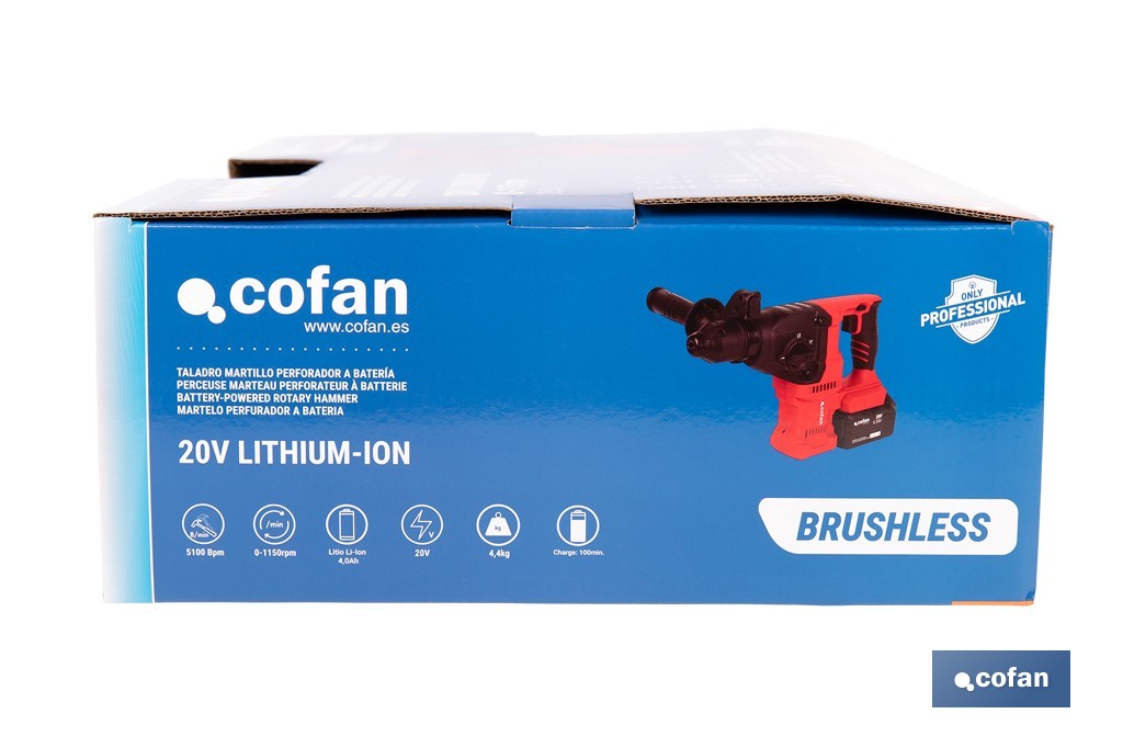 Martelo perfurador SDS Plus sem escovas multifunções | Perfura, martela e cinzela | Inclui: mala de transporte com acessórios, porta-brocas automático com adaptador SDS PLUS, bateria Li-Ion de 20 V e carregador - Cofan
