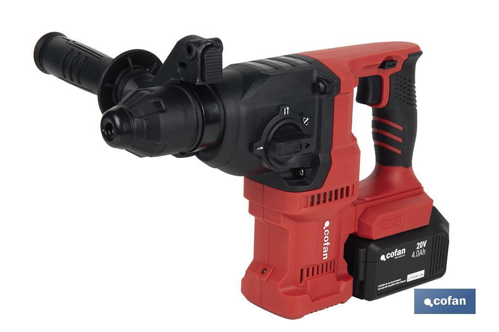 Martillo perforador SDS Plus sin escobillas multifunción | Taladra, percute y cincela | Incluye: maletín con accesorios, portabrocas automático con adaptador SDS PLUS, batería Li-Ion de 20 V y cargador - Cofan
