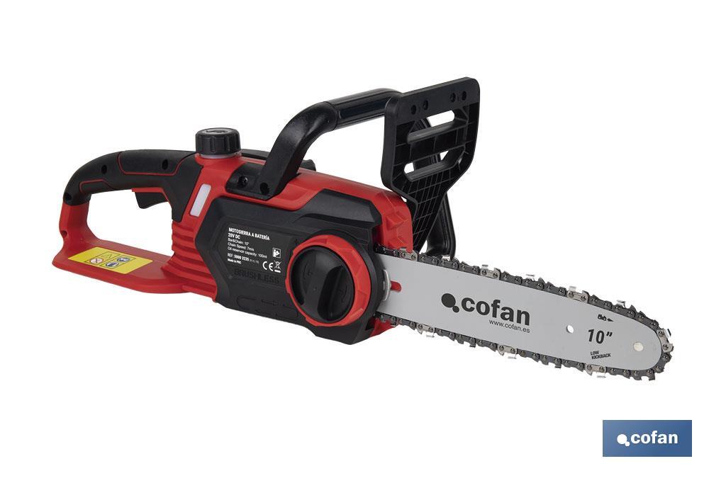 Kit de motosierra a batería con dos baterías de litio 20 V 4.0 Ah | Motosierra sin escobillas | Espada de 10" | Eficiencia y precisión en cortes de madera - Cofan