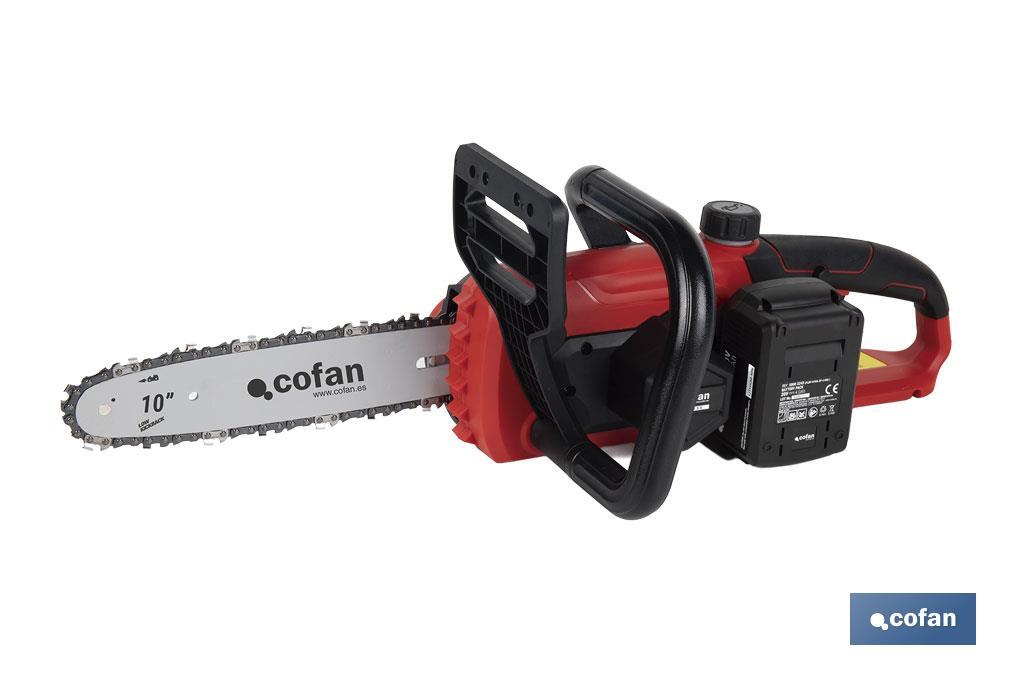 Kit de motosierra a batería con dos baterías de litio 20 V 4.0 Ah | Motosierra sin escobillas | Espada de 10" | Eficiencia y precisión en cortes de madera - Cofan