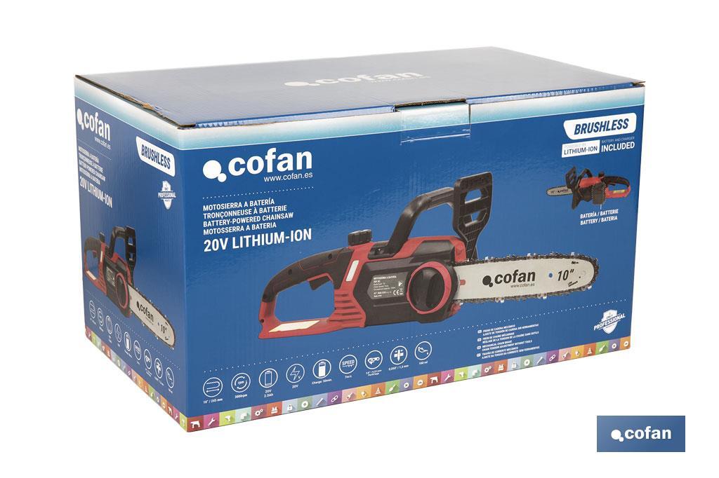 Kit de motosierra a batería con dos baterías de litio 20 V 4.0 Ah | Motosierra sin escobillas | Espada de 10" | Eficiencia y precisión en cortes de madera - Cofan
