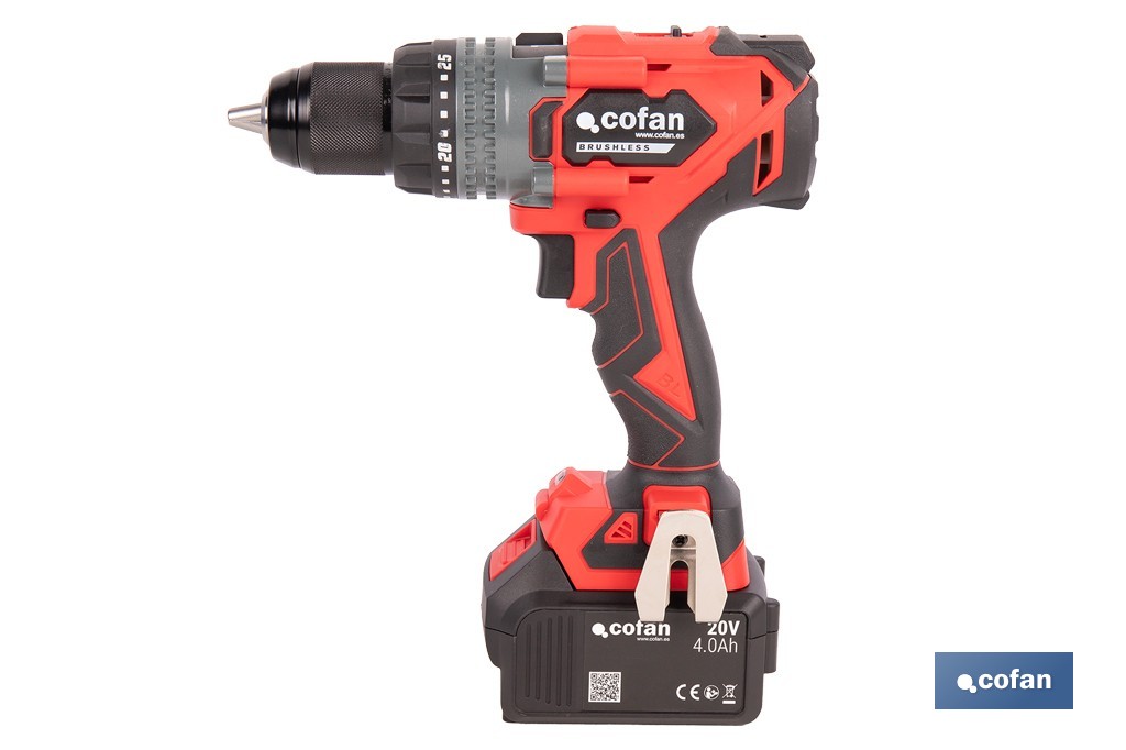Taladro percutor a batería con motor brushless | Potencia: 20 V | 2 velocidades + percusión | Accesorios incluidos | Disponible con y sin batería y cargador - Cofan