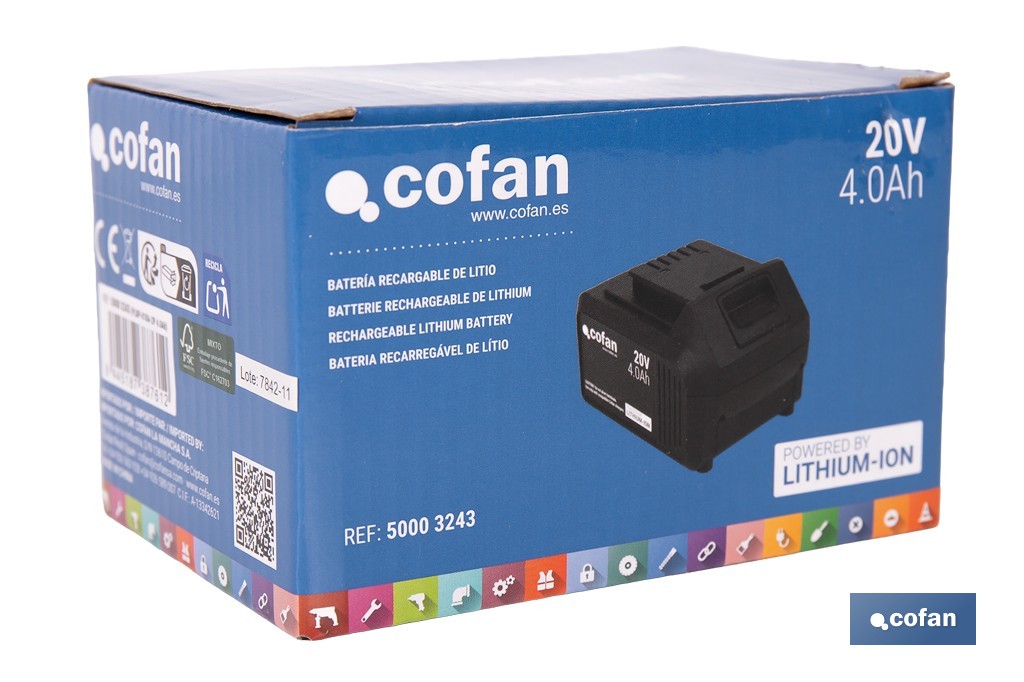 Batería de litio Li-ion de 20 V y 4.0 Ah | Adecuada para herramientas eléctricas Cofan | Protección electrónica integral - Cofan