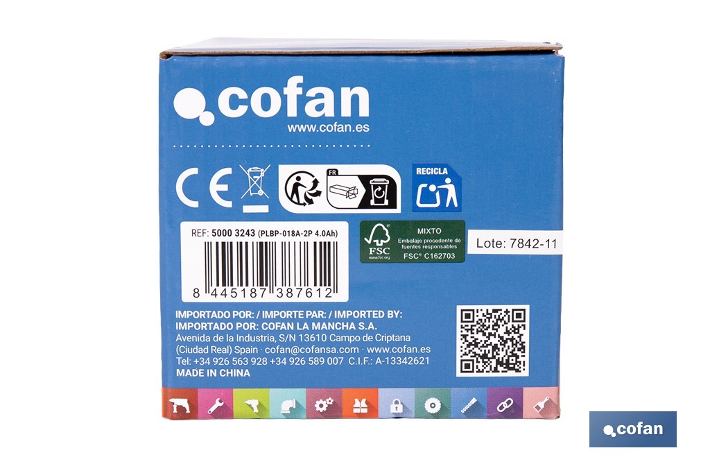 Batería de litio Li-ion de 20 V y 4.0 Ah | Adecuada para herramientas eléctricas Cofan | Protección electrónica integral - Cofan