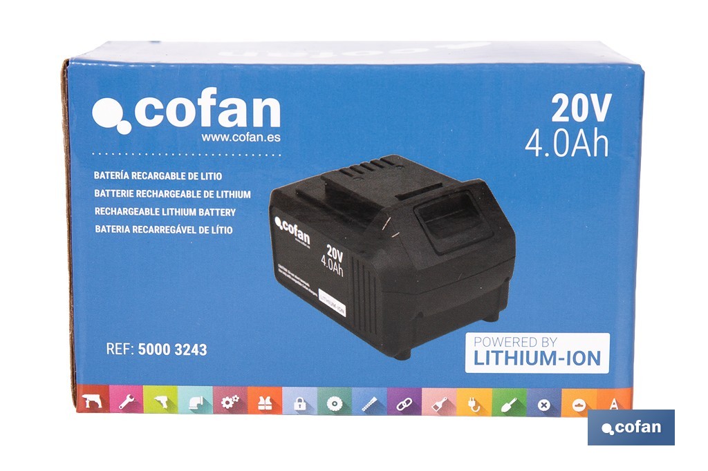 Batería de litio Li-ion de 20 V y 4.0 Ah | Adecuada para herramientas eléctricas Cofan | Protección electrónica integral - Cofan