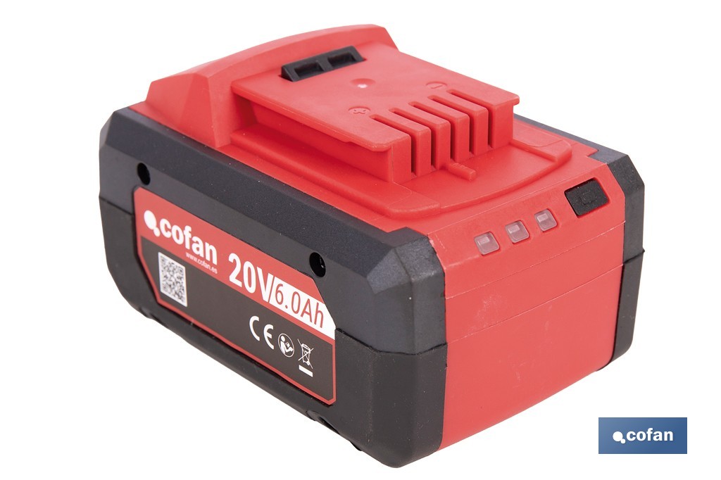 Batería Li-Ion recargable 20 V 6.0 Ah | Compatible con sistema 1 for All | Alta autonomía, protección avanzada | Indicador led de carga - Cofan