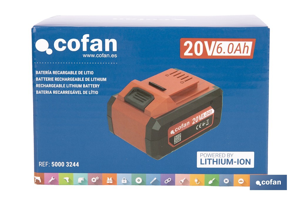 Batterie Lithium-Ion rechargeable 20 V 6,0 Ah | Compatible avec le système 1 for All | Grande autonomie, protection avancée | Indicateur Led de charge - Cofan