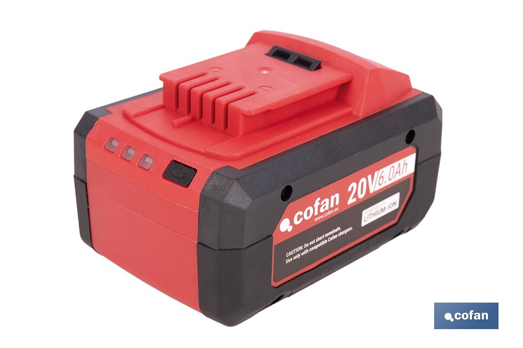 Batería Li-Ion recargable 20 V 6.0 Ah | Compatible con sistema 1 for All | Alta autonomía, protección avanzada | Indicador led de carga - Cofan