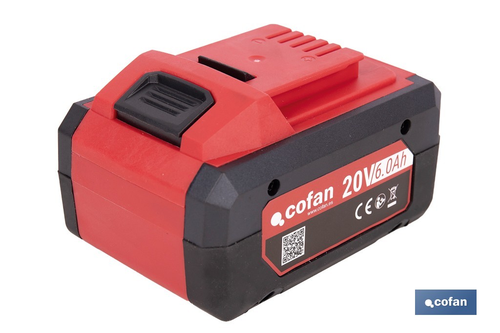 Batería Li-Ion recargable 20 V 6.0 Ah | Compatible con sistema 1 for All | Alta autonomía, protección avanzada | Indicador led de carga - Cofan