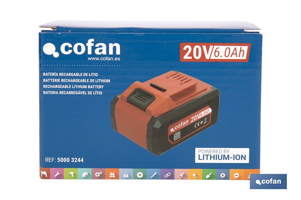 Batería Li-Ion recargable 20 V 6.0 Ah | Compatible con sistema 1 for All | Alta autonomía, protección avanzada | Indicador led de carga - Cofan