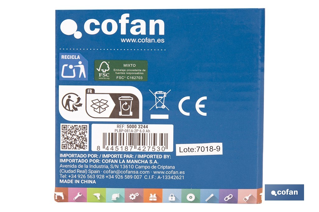 Batería Li-Ion recargable 20 V 6.0 Ah | Compatible con sistema 1 for All | Alta autonomía, protección avanzada | Indicador led de carga - Cofan