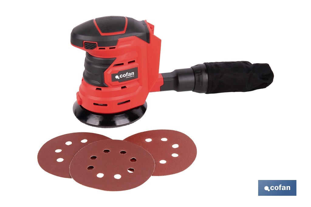 Lijadora orbital a batería | Velocidad de 10.000 rpm | Almohadilla de Ø125 mm con sistema de fijación por velcro | Disponible con y sin batería y cargador - Cofan