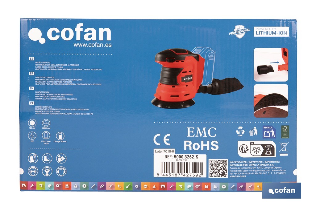 Lijadora orbital a batería | Velocidad de 10.000 rpm | Almohadilla de Ø125 mm con sistema de fijación por velcro | Disponible con y sin batería y cargador - Cofan