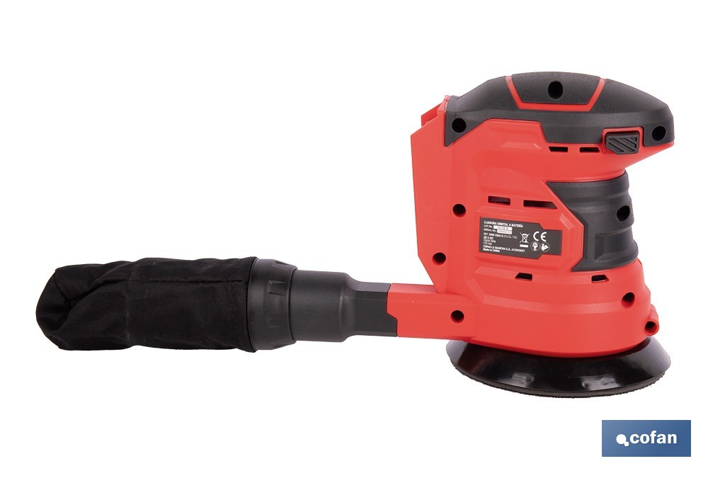 Lijadora orbital a batería | Velocidad de 10.000 rpm | Almohadilla de Ø125 mm con sistema de fijación por velcro | Disponible con y sin batería y cargador - Cofan