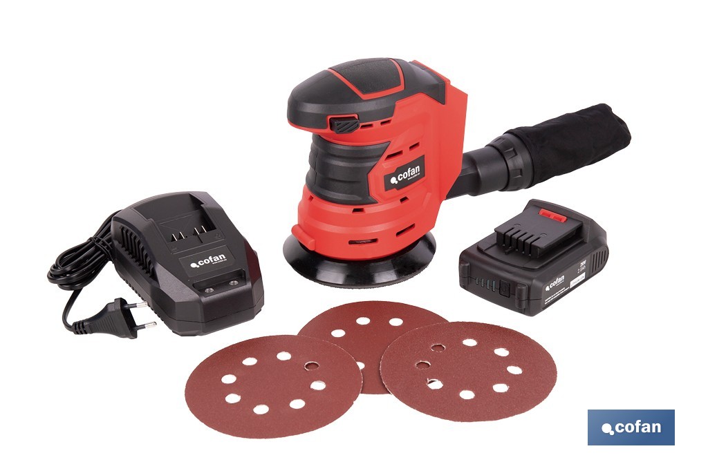 Lijadora orbital a batería | Velocidad de 10.000 rpm | Almohadilla de Ø125 mm con sistema de fijación por velcro | Disponible con y sin batería y cargador - Cofan