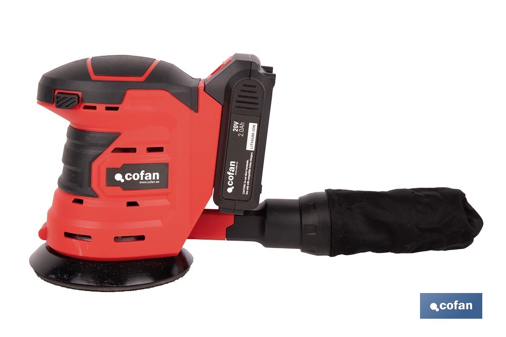 Lijadora orbital a batería | Velocidad de 10.000 rpm | Almohadilla de Ø125 mm con sistema de fijación por velcro | Disponible con y sin batería y cargador - Cofan