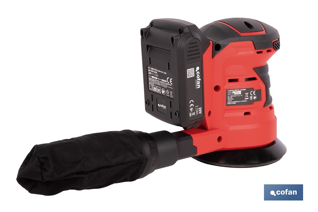 Lijadora orbital a batería | Velocidad de 10.000 rpm | Almohadilla de Ø125 mm con sistema de fijación por velcro | Disponible con y sin batería y cargador - Cofan