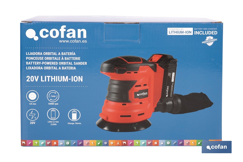 Lijadora orbital a batería | Velocidad de 10.000 rpm | Almohadilla de Ø125 mm con sistema de fijación por velcro | Disponible con y sin batería y cargador - Cofan