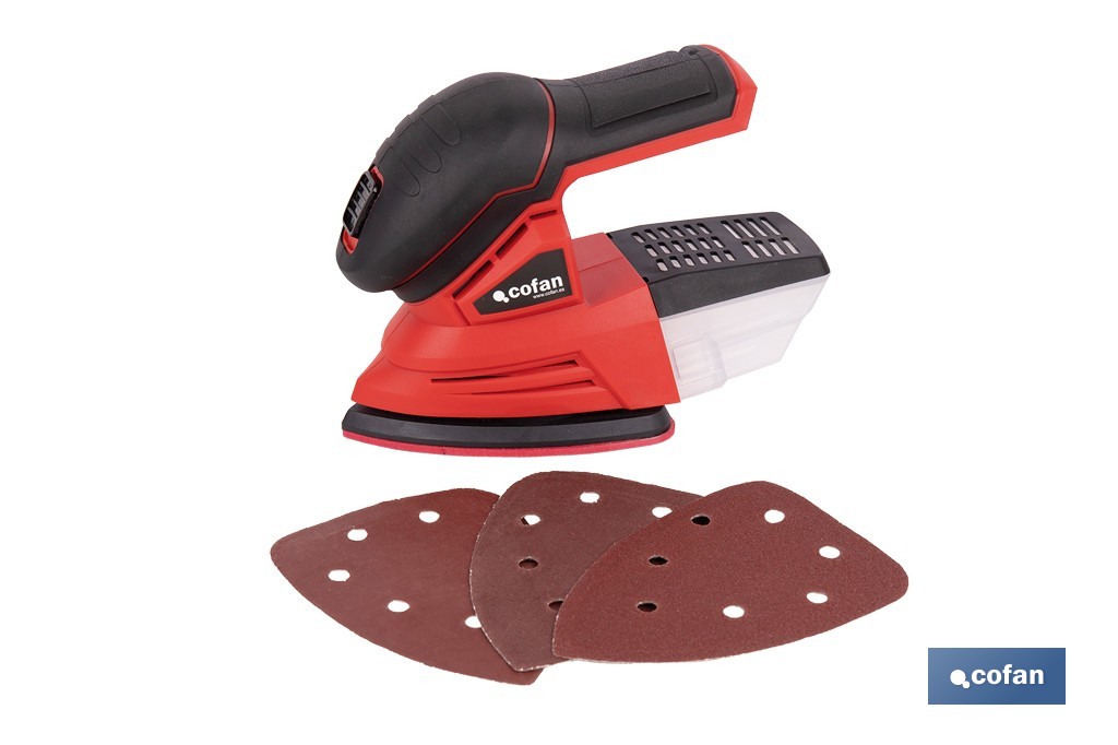 Lijadora Mouse a batería 20 V | Base de 10 x 14 cm | 11.000 rpm | Incluye caja de polvo y 3 hojas de lija | Disponible con y sin batería y cargador - Cofan