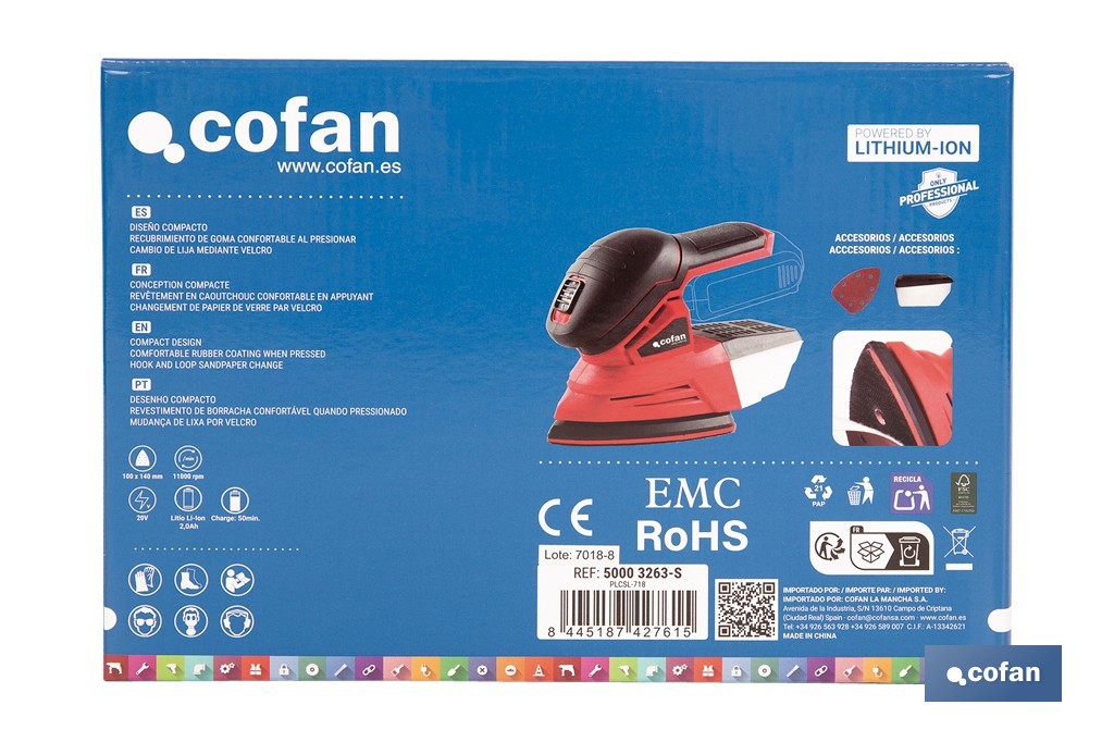 Lijadora Mouse a batería 20 V | Base de 10 x 14 cm | 11.000 rpm | Incluye caja de polvo y 3 hojas de lija | Disponible con y sin batería y cargador - Cofan