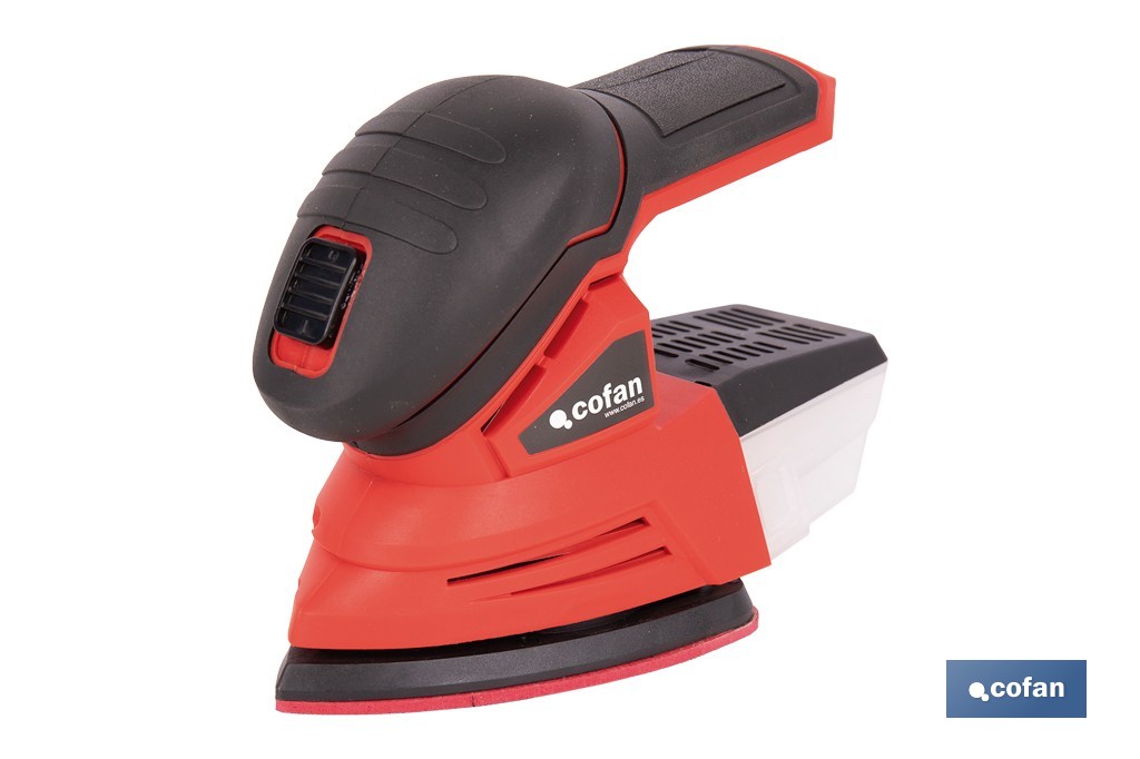 Lijadora Mouse a batería 20 V | Base de 10 x 14 cm | 11.000 rpm | Incluye caja de polvo y 3 hojas de lija | Disponible con y sin batería y cargador - Cofan