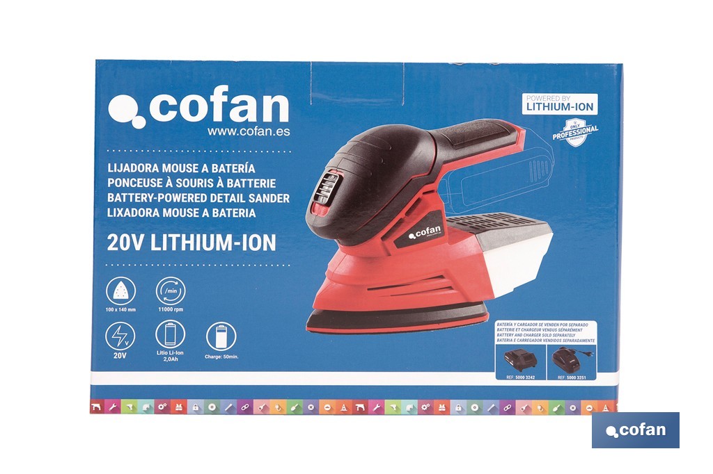 Lijadora Mouse a batería 20 V | Base de 10 x 14 cm | 11.000 rpm | Incluye caja de polvo y 3 hojas de lija | Disponible con y sin batería y cargador - Cofan