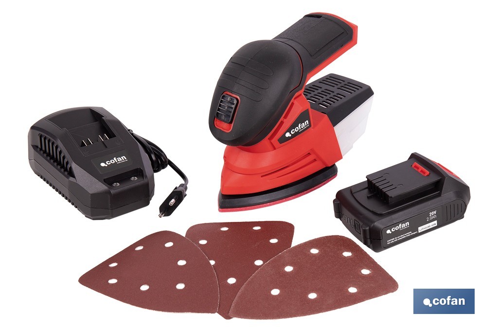 Lijadora Mouse a batería 20 V | Base de 10 x 14 cm | 11.000 rpm | Incluye caja de polvo y 3 hojas de lija | Disponible con y sin batería y cargador - Cofan
