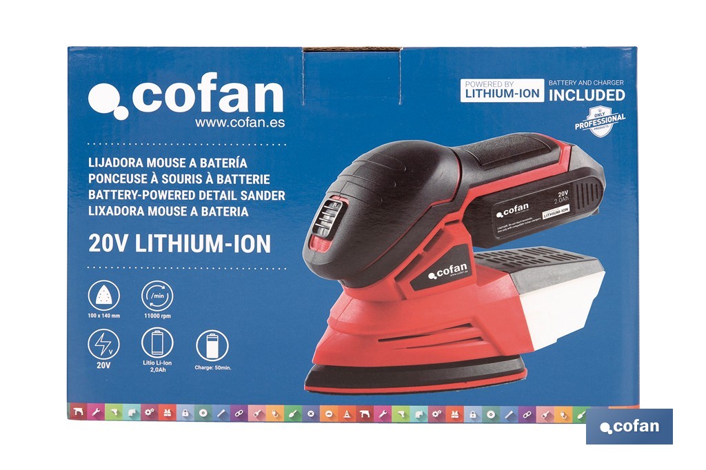 Lijadora Mouse a batería 20 V | Base de 10 x 14 cm | 11.000 rpm | Incluye caja de polvo y 3 hojas de lija | Disponible con y sin batería y cargador - Cofan