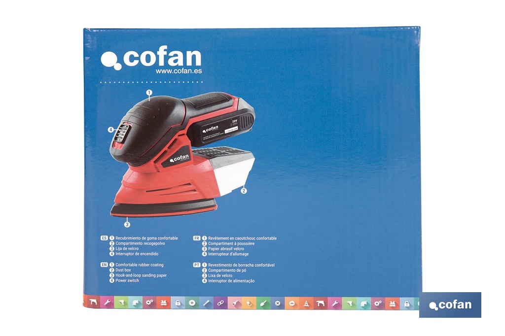 Lijadora Mouse a batería 20 V | Base de 10 x 14 cm | 11.000 rpm | Incluye caja de polvo y 3 hojas de lija | Disponible con y sin batería y cargador - Cofan