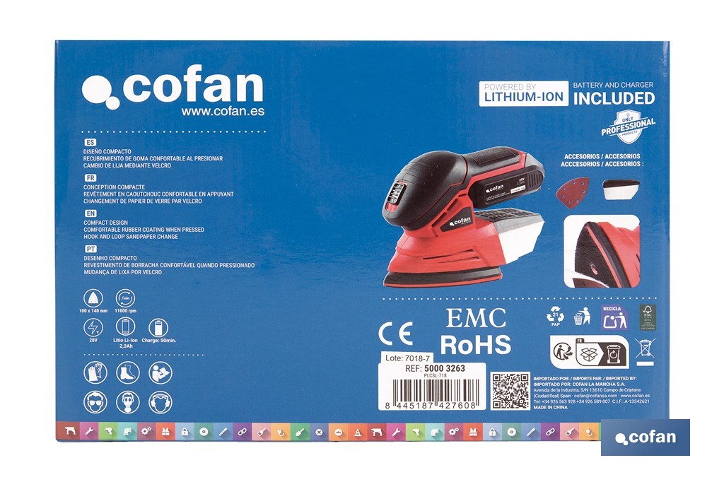 Lijadora Mouse a batería 20 V | Base de 10 x 14 cm | 11.000 rpm | Incluye caja de polvo y 3 hojas de lija | Disponible con y sin batería y cargador - Cofan