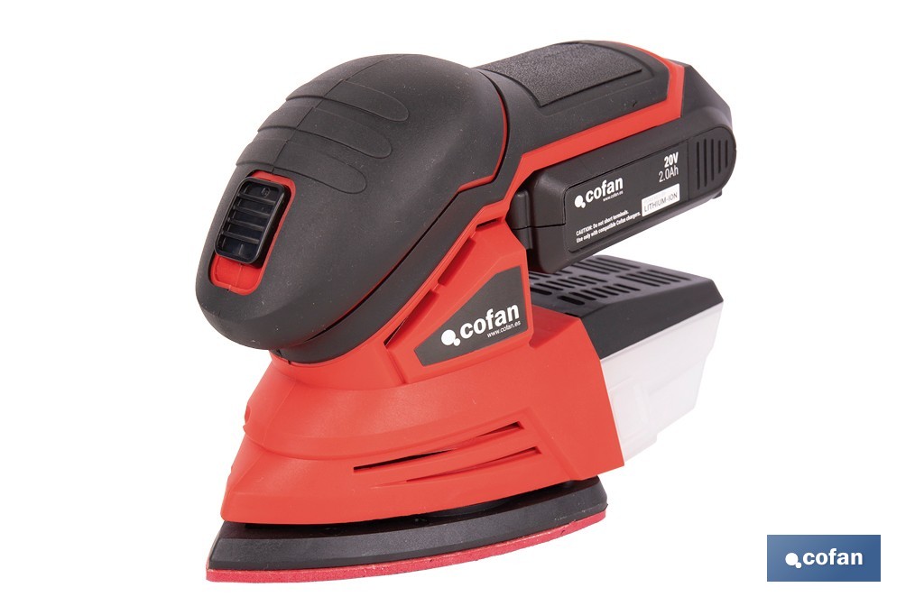 Lijadora Mouse a batería 20 V | Base de 10 x 14 cm | 11.000 rpm | Incluye caja de polvo y 3 hojas de lija | Disponible con y sin batería y cargador - Cofan