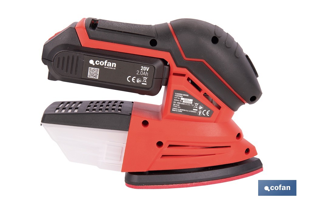 Lijadora Mouse a batería 20 V | Base de 10 x 14 cm | 11.000 rpm | Incluye caja de polvo y 3 hojas de lija | Disponible con y sin batería y cargador - Cofan