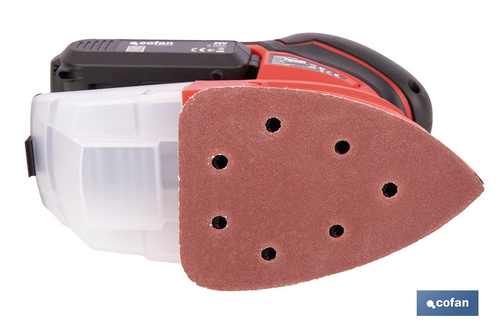 Lijadora Mouse a batería 20 V | Base de 10 x 14 cm | 11.000 rpm | Incluye caja de polvo y 3 hojas de lija | Disponible con y sin batería y cargador - Cofan